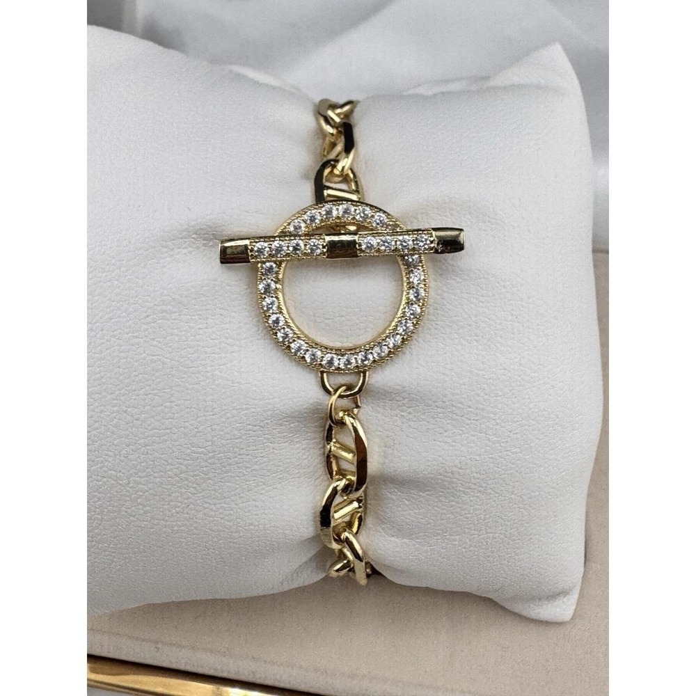 14k ‎ Gold Plated Bracelet Toggle Closure Clear Round Crystal Pavé